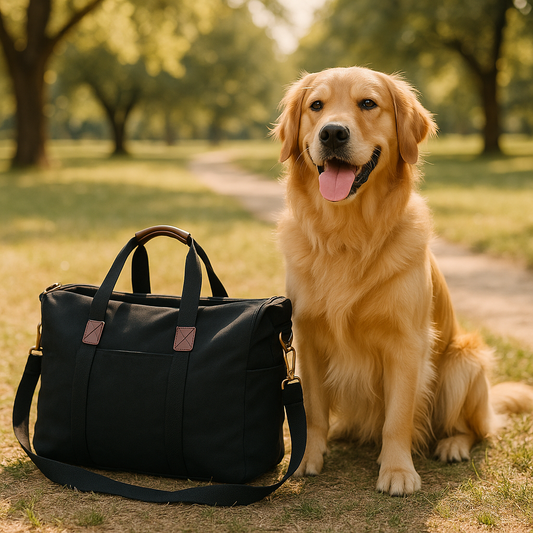 Dog travel bag with built-in poop bag dispenser and treat pouch