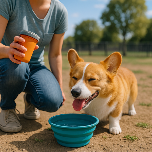 Portable dog water bowl and airtight treat storage set in teal