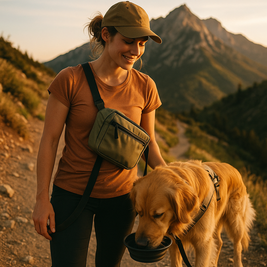 Dog outing gear set with crossbody bag and collapsible bowl