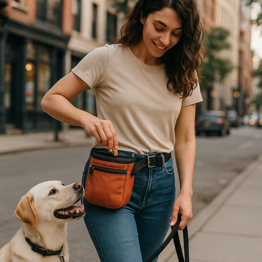 Dog treat pouch with built-in waste bag dispenser and carabiner clip