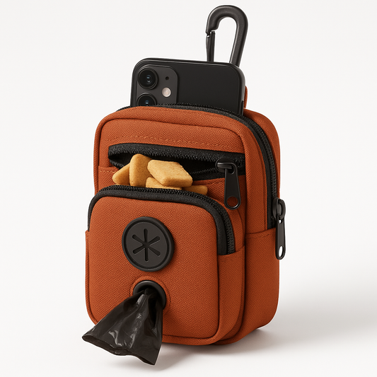 TidyTails Go Pouch clip-on dog walk organizer in rust orange
