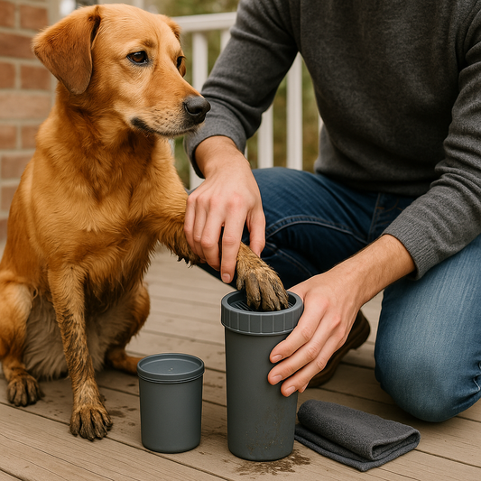 Dog paw cleaning cup with silicone bristles and biodegradable wipes
